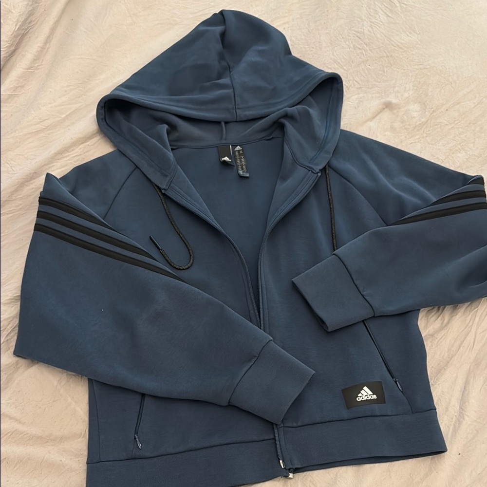 Adidas Blue Hoodie with Black Stripes